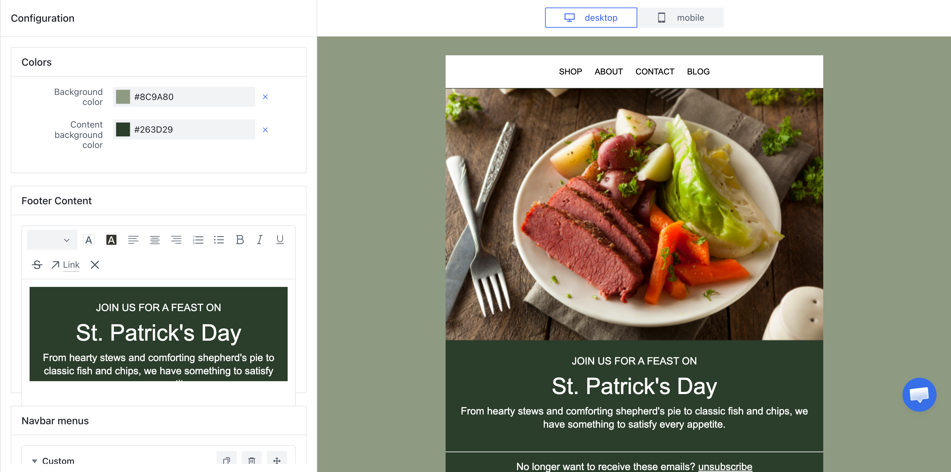 Readonly editor experience with focused configuration controls and locked email layout